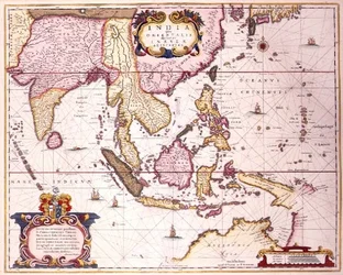 Ogólna mapa rozciągająca się od Indii po południową Japonię i północną Australię przez archipelag Indonezji i Filipiny, ok. 1700 r. (kolorowe ryciny)