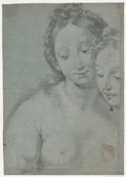 Dwie kobiece głowy. Studia na prawą połowę w Carlo Maratta Malarz: Autoportret z Marquese Pallavicini, stourhead, National Trust, Anglia (ref. Arte Antica e Moderna, 1961, nr 181)