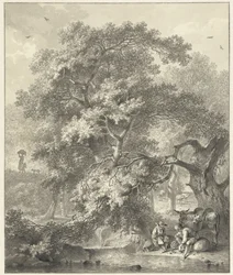 Widok na las z odpoczywającymi pasterzami przy wodospadzie