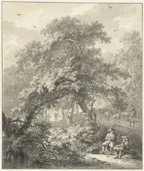 Widok na las z odpoczywającymi podróżnikami pod drzewem