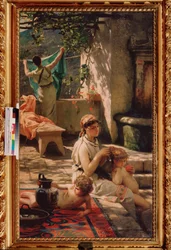 Przy studni. (Kobieta czesuje swoje dziecko, inna rozwiesza pranie). Obraz Henryka Siemiradzkiego (1843-1902), olej na płótnie
