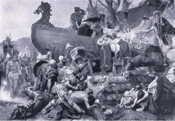Kremacja wodza we wschodniej Rosji-X w., ilustracja z „Zabytki w historii Europy” wydanej przez Gresham Publishing Co, c.1920 (lito)