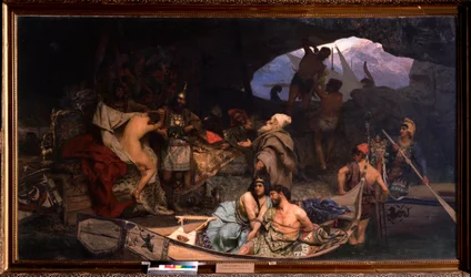 Korsarze. (Scena, w której przynoszą łupy i więźniów (zakładników) w jaskini). Obraz Henryka Siemiradzkiego (1843-1902), olej na płótnie
