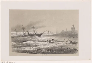 Statek w tarapatach na plaży podczas burzy 28 maja 1860 r. Plaża (tytuł na obiekcie) Album dziesięciu litografowanych szkiców, przedstawiających Tooneelena Zniszczenia, Poruszonego przez burzę z 28 maja 1860 w 