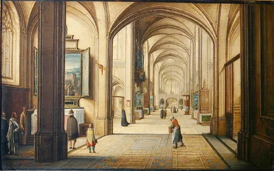 Wnętrze kościoła z zakrystianem pokazującym obraz zwiedzającym, 1608 (olej na karcie)