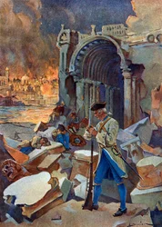 Kampania indyjska (1778-1783): widok bitwy pod Trinquemalay w sierpniu 1782 r. na Cejlonie, przeciwstawianie się francuskiej armii Suffren przeciwko Brytyjczykom admirała Huguesa” (Amerykańska wojna rewolucyjna: Indie Wschodnie: bitwa pod Trincomalee pomię