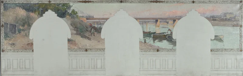 Szkic ratusza w Asnières: Lato. Sekwana w Asnières, około 1900 r. (olej na płótnie z tuszem)
