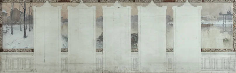 Szkic ratusza w Asnières: Zima. Sekwana w Asnières, około 1900 r. (olej na płótnie z tuszem)