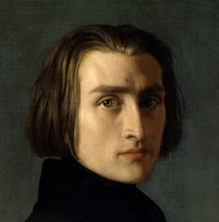 Portret Franciszka Liszta (1811-1886), węgierskiego kompozytora i pianisty (1839). Szczegół twarzy. Obraz Henri Lehmanna (Karl Ernest (Ernst) Rudolf Heinrich Salem dit) (1814-1882). Paryż, Musee Carnavalet.