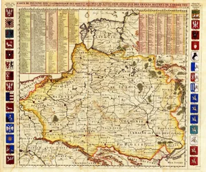 Mapa Polski obejmuje fragmenty Inflant i Wielkiego Księstwa Moskiewskiego par Chatelain, Henri Abraham (1684-1743). Akwaforta, akwarela