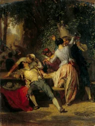 Scena kabaretowa Pary tańczą i całują. Obraz Henri Barona (1816-1885) XIX w. Niedz. 0,35x0,27 m²
