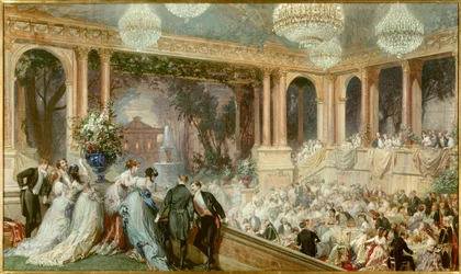 Kolacja daje Tuileries przez Napoleona III. Przyjęcie w Drugim Cesarstwie. Akwarela Barona Henri Barona (1816-1885). 19 wiek. Compiegne, Musee National Du Chateau