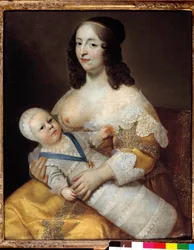 Przedstawienie przyszłego dziecka króla Ludwika XIV (1638-1715) w kostiumie kąpielowym w ramionach pielęgniarki Marie de Longuet de la Giraudiere Pierś kobiety jest odkryta i gotowa do karmienia dziecka. Obraz Karola (1604-1692) i Henri (1603-1677)