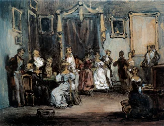 Wieczór na spotkaniu towarzyskim Madame X w salonie paryżanki. Akwarela Henry Monniera (1805-1877) XIX wiek