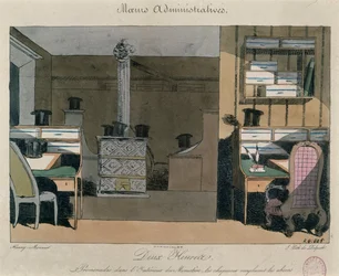 Scena w paryskim biurze podczas przerwy obiadowej, ok. 1830 r. (kolor grawerowany)