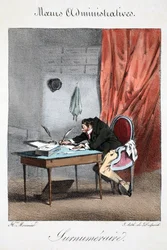 Superliczba, ilustracja z „Mores Administratives, Dessinées według natury” Henri Monniera, litografia Delpech, wyd. Paryż, ok.1828 (ręcznie kolorowana lito)