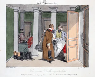 Biedak płaci za buty, ilustracja z „Les Marionnettes” Henri Monniera, litografia Delpech, wyd. Paryż, ok.1828 (ręcznie kolorowana lito)