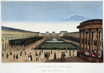 Ogród Palais-Royal, około 1820 r. - w „”Widokach Paryża”” Courvoisiera