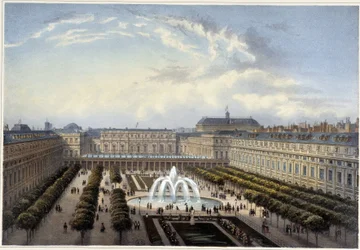 Jardin du Palais-Royal, około 1820 w „”Widokach Paryża”” Courvoisiera 1827