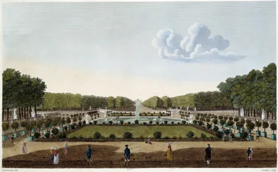Jardin du Luxembourg widziany z tarasu Pałacu. Grawerowanie przez Courvoisier