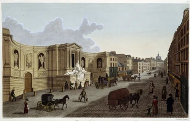 Fontanna przy rue de Grenelle, około 1820 roku w „”Widokach Paryża”” Courvoisiera 1827
