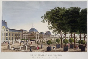 Ogród i Chateau des Tuileries widziane z tarasu Les Feuillans. Grawerowanie przez Courvoisier