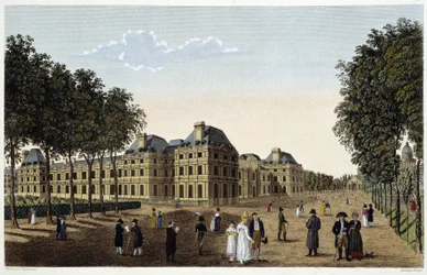 Ogród i Palais du Luxembourg widziane z tarasu małego Luksemburga. Grawerowanie przez Courvoisier