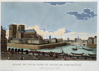 Kościół Notre-Dame i pałac Archevéché - w „Widokach Paryża” Courvoisiera