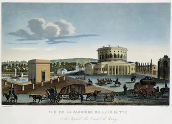 Widok na Barrier de la Villette - w „”Widok Paryża, ok. 1810: Les Barriers de Paris”” autorstwa Courvoisier