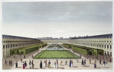 Widok ogrodów Palais Royal, widziany z Galeries de Bois, rytowany przez Auberta Filsa, ok. 1815-20