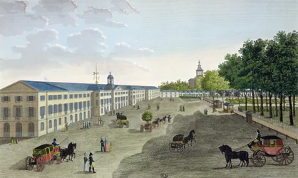 Widok Nowej Galerii Muzeum Historii Naturalnej w Jardin des Plantes w Paryżu, rycina Claude Fortier (1775-1835) (kolorystyka)