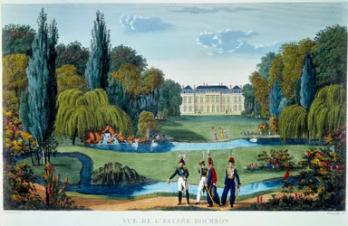 Widok na Pałac Elizejsko-Burboński i ogrody. Grafika Courvoisier z lat 1815-1820 w "Vues de Paris".