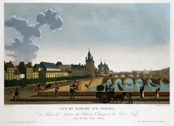 Widok na targ kwiatowy, most wymiany i nowy most - w „”Vues de Paris”” autorstwa Courvoisier
