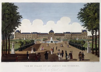 Widok na pałac i ogród Tuileries - w "Vues de Paris" Courvoisier.