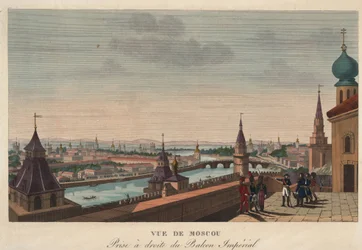 Widok Moskwy z balkonu Pałacu Cesarskiego, Rosja "" (Widok Moskwy z balkonu Pałacu Cesarskiego) Grawer Henri Courvoisier-Voisin (1757-1830) - 1812 Wymiary 40,7x55,6 cm Kolekcja prywatna