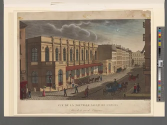 Widok nowej sali Opery z rue de Provence, rytowany przez Rousseau, ok.1821