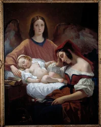 Anioł Stróż Anioł czuwa nad matką i jej śpiącym dzieckiem. Obraz Henri Decaisne (1799-1852)