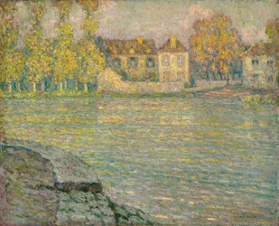 Domy nad rzeką o zachodzie słońca, Moret; Domy nad rzeką o zachodzie słońca, Moret