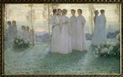 W niedzielę Kobieta ubrana na biało rozmawiająca w ogrodzie - Obraz Henri Eugene (Henri-Eugene) Le Sidaner (1862-1939)