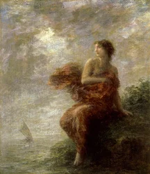 Ariane. Patrzy, jak łódź Thesee odpływa w dal i pozostaje sama, opuszczona. Obraz autorstwa Henri Fantin-Latour (Fantin Latour