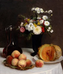 "Martwa natura z karafką wina, kwiatów i owoców"" Brzoskwinie i melon Obraz Henri Fantin-Latour (1836-1904) 1865 Narodowe Muzeum Sztuki Zachodniej, Tokio, Japonia