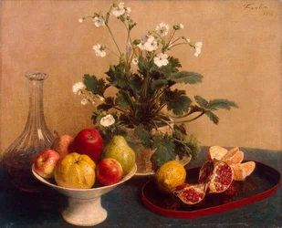 Kwiaty, Naczynie z Owocami i Karafką”, 1865.