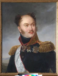 Portret hrabiego Michaiła (Michaela) Fiodorowicza Orłowa (1788-1842). Dekabrysta (lub dekabrysta) jest reprezentowany przez odznaczenia wojskowe i honorowe. Obraz Henri Francois Riesener (1767-1828), olej na płótnie, ok. 1818 r. Sztuka francuska