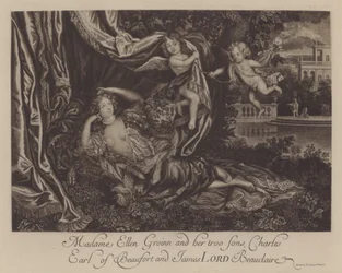 Nell Gwyn i jej dwaj synowie, Charles, Earl of Burford i James, Lord Beauclerk (grafika)