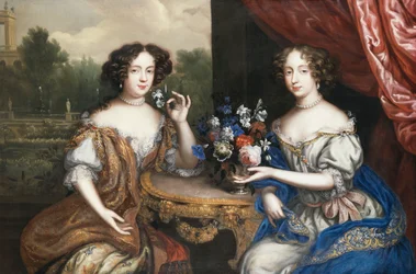 Podwójny portret lady Marii Somalii i lady Anne Barrington, siedzących w trzech czwartych przy stole z wazonem z kwiatami,