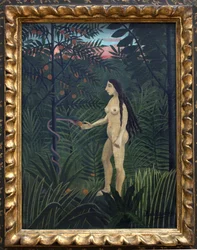 Ewa w ziemskim raju. Obraz Henri Rousseau dit le Douanier Rousseau (1844-1910), olej na płótnie, ca. 1906-1907. Sztuka francuska, wiek XX, sztuka naiwna. Kunsthalle, Hamburg, Niemcy.