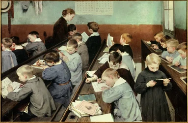 Na zajęciach praca najmłodszych. Młodzi chłopcy w szkolnej bluzce uczą się w klasie, niektórzy czytają, inni piszą w zeszycie lub na tabliczkach. Obraz Jean Henri Jules Dit Geo Geoffroy (1853-1924)