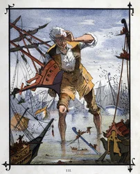 Lemuel Gulliver w centrum bitwy morskiej między statkami Lilliput i Blefuscu. Ilustracja do „Podróży Guliwera” Jonathana Swifta (1667-1745)