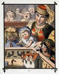 Ciekawostką dla dzieci jest Lemuel Gulliver w krainie gigantów Brobdingnag. Ilustracja do „Podróży Guliwera” Jonathana Swifta (1667-1745)