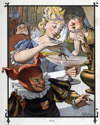 Lemuel Gulliver jest przemalowany z naczynia, w którym został zabity przez królową Brobdingnag. Ilustracja do „Podróży Guliwera” Jonathana Swifta (1667-1745)